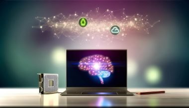 Futuristischer Schreibtisch mit Laptop, der eine Gemma-AI-Neuralnetz-Visualisierung zeigt; daneben schweben kompakte GPU und Cloud-Icon, verbunden durch leuchtende Datenströme.