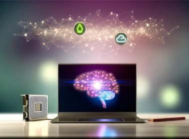 Futuristischer Schreibtisch mit Laptop, der eine Gemma-AI-Neuralnetz-Visualisierung zeigt; daneben schweben kompakte GPU und Cloud-Icon, verbunden durch leuchtende Datenströme.