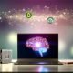 Futuristischer Schreibtisch mit Laptop, der eine Gemma-AI-Neuralnetz-Visualisierung zeigt; daneben schweben kompakte GPU und Cloud-Icon, verbunden durch leuchtende Datenströme.