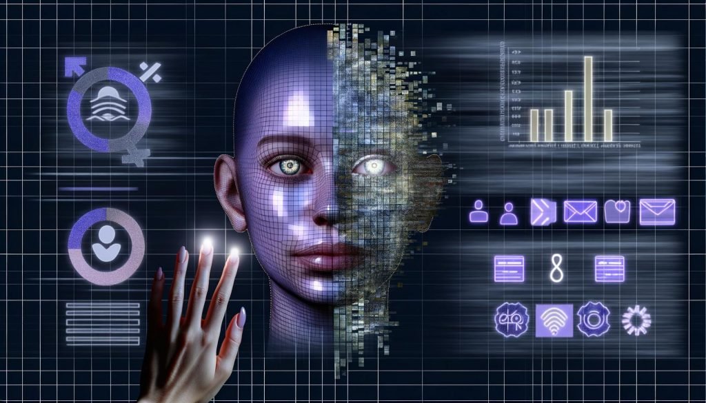 Hyperrealistisches, halbtransparentes Menschengesicht aus Pixeln und Kacheln vor düsterem digitalen Hintergrund mit binärem Code, Balkendiagrammen und Marketing‑Symbolen; Social‑Media‑ und KPI‑Reflexe in den Augen; halb menschliche, halb datenbasierte Hand berührt das Gesicht; angedeutete Wasserzeichen, Prüfsiegel und rechtliche Dokumente; nüchterne High‑Tech‑Ästhetik mit Anklang an Überwachung und Ambivalenz.