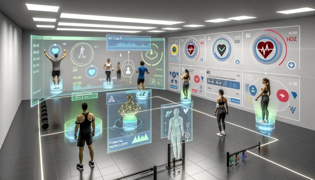 Hochmodernes Fitnessstudio mit Sportlern in Wearables; holografische AR-Dashboards zeigen HR, HRV und VO2max; transparenter LLM-Coach berät; Computer Vision analysiert Posen; Serverracks und DSGVO-Icons betonen Sicherheit.