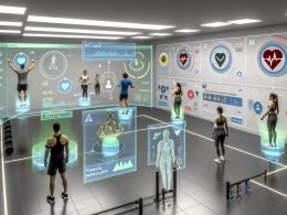 Hochmodernes Fitnessstudio mit Sportlern in Wearables; holografische AR-Dashboards zeigen HR, HRV und VO2max; transparenter LLM-Coach berät; Computer Vision analysiert Posen; Serverracks und DSGVO-Icons betonen Sicherheit.