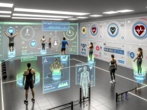 Hochmodernes Fitnessstudio mit Sportlern in Wearables; holografische AR-Dashboards zeigen HR, HRV und VO2max; transparenter LLM-Coach berät; Computer Vision analysiert Posen; Serverracks und DSGVO-Icons betonen Sicherheit.