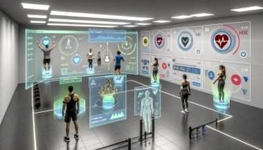 Hochmodernes Fitnessstudio mit Sportlern in Wearables; holografische AR-Dashboards zeigen HR, HRV und VO2max; transparenter LLM-Coach berät; Computer Vision analysiert Posen; Serverracks und DSGVO-Icons betonen Sicherheit.