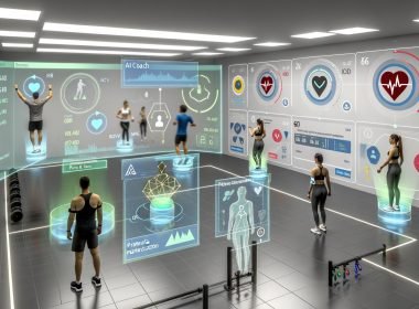 Hochmodernes Fitnessstudio mit Sportlern in Wearables; holografische AR-Dashboards zeigen HR, HRV und VO2max; transparenter LLM-Coach berät; Computer Vision analysiert Posen; Serverracks und DSGVO-Icons betonen Sicherheit.
