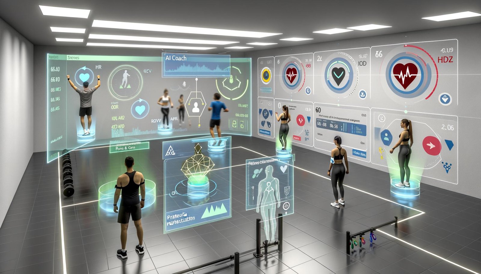 Hochmodernes Fitnessstudio mit Sportlern in Wearables; holografische AR-Dashboards zeigen HR, HRV und VO2max; transparenter LLM-Coach berät; Computer Vision analysiert Posen; Serverracks und DSGVO-Icons betonen Sicherheit.