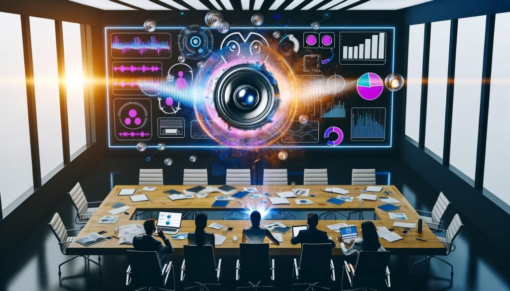 Modernes Marketing-Büro mit Screens voller Audiowellen und KI‑Text‑to‑Speech-Oberfläche; diverse Mitarbeitende brainstormen am Tisch, zentraler Lautsprecher mit leuchtenden Soundwellen, Whiteboard mit Wireframes.