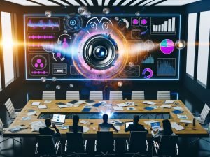 Modernes Marketing-Büro mit Screens voller Audiowellen und KI‑Text‑to‑Speech-Oberfläche; diverse Mitarbeitende brainstormen am Tisch, zentraler Lautsprecher mit leuchtenden Soundwellen, Whiteboard mit Wireframes.