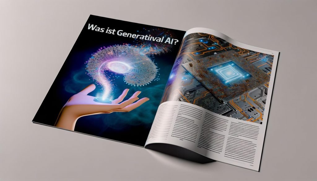 Futuristisches Magazin-Spread mit „Was ist Generative AI?“; Hand lüftet Oberfläche und zeigt leuchtende Leiterplatte, aus der Text, Code, Musik und Bilder entstehen.