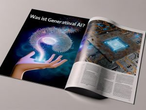Futuristisches Magazin-Spread mit „Was ist Generative AI?“; Hand lüftet Oberfläche und zeigt leuchtende Leiterplatte, aus der Text, Code, Musik und Bilder entstehen.