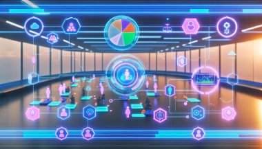 Modernes digitales Workspace-Setup in kühlen Tönen mit schlankem Analytics-Dashboard, Flowcharts, Vektorsuche und adaptiven Lernpfaden; schwebendes transparentes KI-Interface mit Lerninhalten, Feedback-Rubriken und Spaced-Repetition; Icons für sichere Daten, DSGVO-Konformität und menschliche Aufsicht; diverse Teams im Hintergrund.