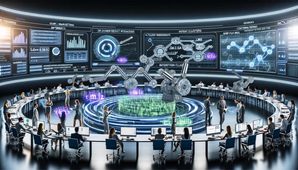 High‑Tech‑Workshop: kurvige Monitore visualisieren SEO‑Metriken (SERPs, Impressionen, CTR), diverse Teams kollaborieren vor Hologrammen zu LLMs, Embeddings, E‑E‑A‑T, Intent‑Clustern und SERP‑Features; Roboterarme sortieren virtuelle Dokumente, leuchtende Datenpfade veranschaulichen automatisierte Feedback‑Loops zwischen Crawlern, Logs und Modellen.