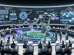 High‑Tech‑Workshop: kurvige Monitore visualisieren SEO‑Metriken (SERPs, Impressionen, CTR), diverse Teams kollaborieren vor Hologrammen zu LLMs, Embeddings, E‑E‑A‑T, Intent‑Clustern und SERP‑Features; Roboterarme sortieren virtuelle Dokumente, leuchtende Datenpfade veranschaulichen automatisierte Feedback‑Loops zwischen Crawlern, Logs und Modellen.