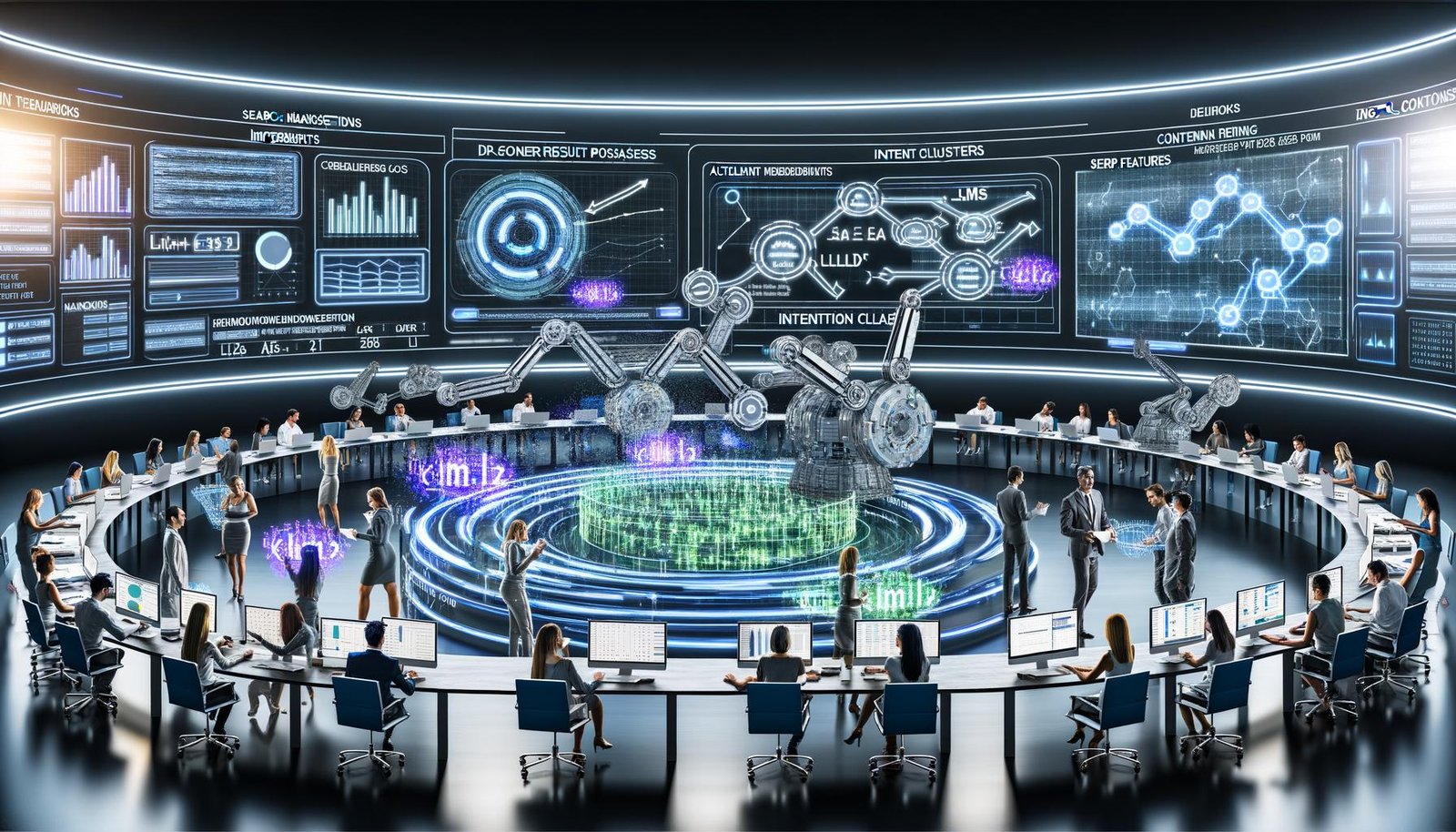 High‑Tech‑Workshop: kurvige Monitore visualisieren SEO‑Metriken (SERPs, Impressionen, CTR), diverse Teams kollaborieren vor Hologrammen zu LLMs, Embeddings, E‑E‑A‑T, Intent‑Clustern und SERP‑Features; Roboterarme sortieren virtuelle Dokumente, leuchtende Datenpfade veranschaulichen automatisierte Feedback‑Loops zwischen Crawlern, Logs und Modellen.