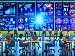 Diverses Marketingteam arbeitet vor großen Bildschirmen mit farbigen Daten-Dashboards, Flowcharts und KI-generierten Assets; Google-Cloud-Symbole für BigQuery, Vertex AI Model Garden und Pipelines; LTV-, Churn- und Uplift-Charts; A/B-Varianten; SEO-Clustering; Compliance-Checks.
