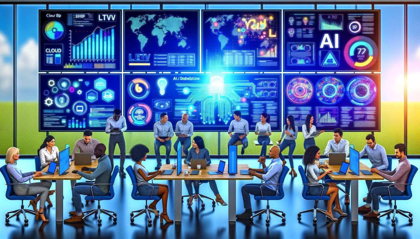 Diverses Marketingteam arbeitet vor großen Bildschirmen mit farbigen Daten-Dashboards, Flowcharts und KI-generierten Assets; Google-Cloud-Symbole für BigQuery, Vertex AI Model Garden und Pipelines; LTV-, Churn- und Uplift-Charts; A/B-Varianten; SEO-Clustering; Compliance-Checks.