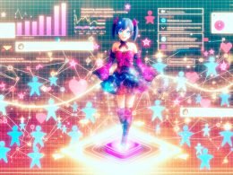 Zeitgenössische Anime‑Illustration von Hoshino Ai auf einem glühenden Netzwerkknoten, mit Sternaugen und Idol‑Outfit; umgeben von TikTok‑ und YouTube‑Thumbnails, Likes, Shares, Retentionskurven, KPI‑Dashboards und Umsatzdiagrammen. Abstrakte Fans bilden Verbindungslinien zu einem Funnel; Pastell‑Cyberpunk‑Hintergrund mit Sternmotiven, kräftigen Leitfarben, dynamischen Soundwaves, Code‑Snippets und SEO‑Tags.