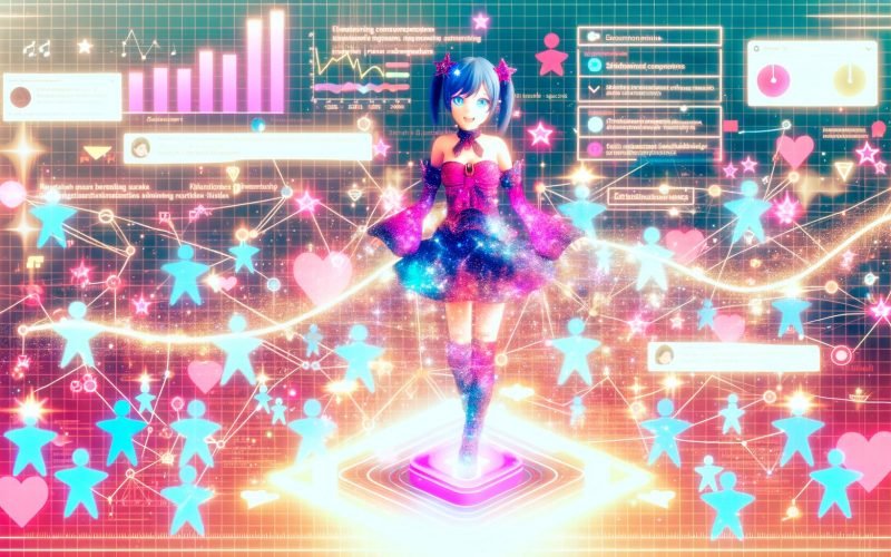 Zeitgenössische Anime‑Illustration von Hoshino Ai auf einem glühenden Netzwerkknoten, mit Sternaugen und Idol‑Outfit; umgeben von TikTok‑ und YouTube‑Thumbnails, Likes, Shares, Retentionskurven, KPI‑Dashboards und Umsatzdiagrammen. Abstrakte Fans bilden Verbindungslinien zu einem Funnel; Pastell‑Cyberpunk‑Hintergrund mit Sternmotiven, kräftigen Leitfarben, dynamischen Soundwaves, Code‑Snippets und SEO‑Tags.