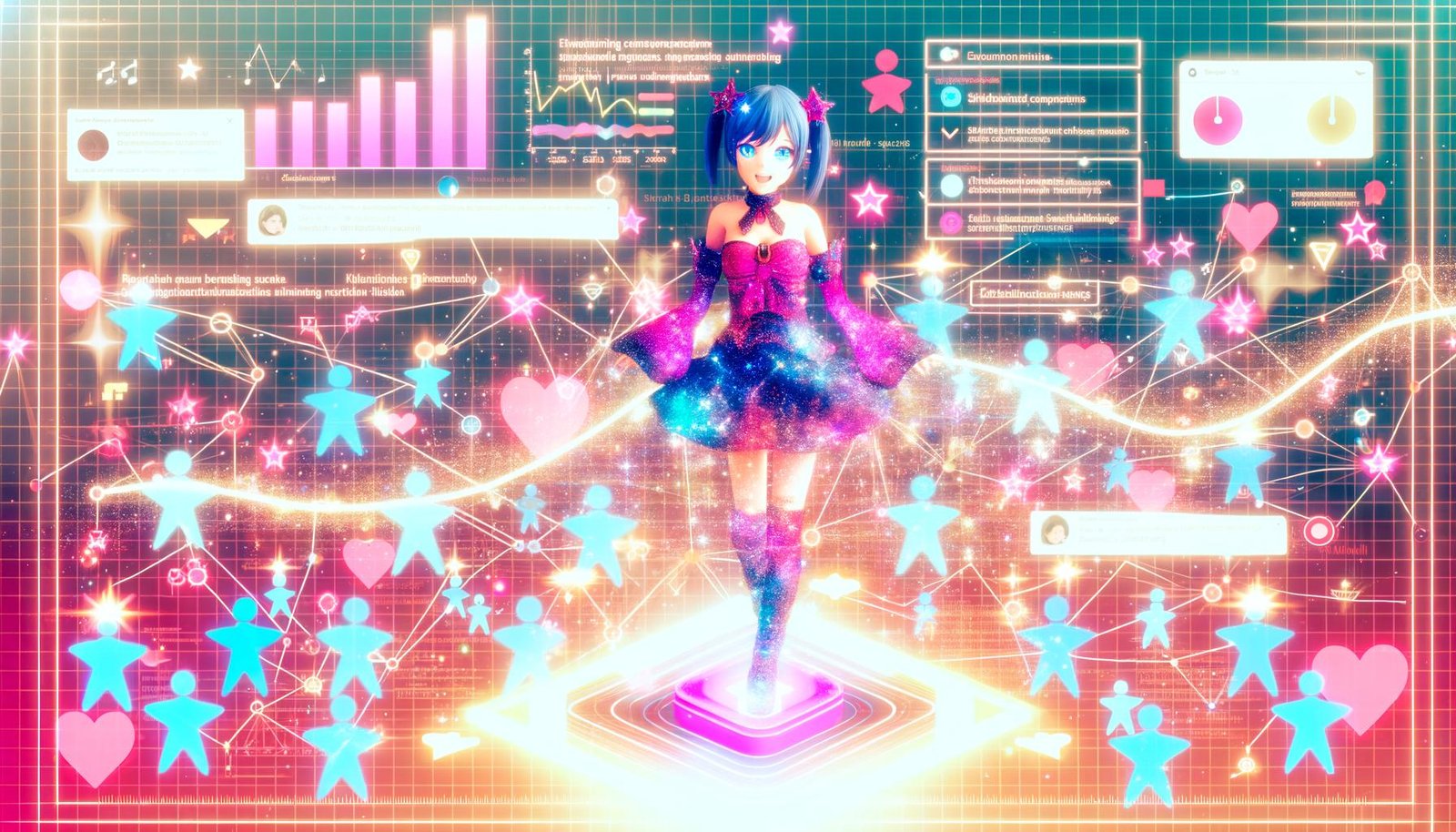 Zeitgenössische Anime‑Illustration von Hoshino Ai auf einem glühenden Netzwerkknoten, mit Sternaugen und Idol‑Outfit; umgeben von TikTok‑ und YouTube‑Thumbnails, Likes, Shares, Retentionskurven, KPI‑Dashboards und Umsatzdiagrammen. Abstrakte Fans bilden Verbindungslinien zu einem Funnel; Pastell‑Cyberpunk‑Hintergrund mit Sternmotiven, kräftigen Leitfarben, dynamischen Soundwaves, Code‑Snippets und SEO‑Tags.