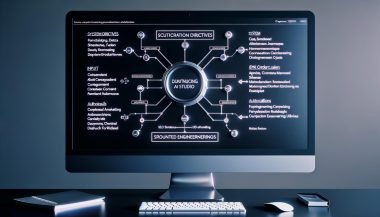 Großer Monitor mit Google AI Studio: Dashboard mit Systeminstruktionen, JSON-Schemata und Prompt-Tools; Flowchart verknüpft Datenquellen, Gemini 1.5 Pro/Flash und Marketing-Assets; sichere, automatisierte Workflows.