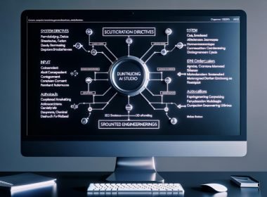 Großer Monitor mit Google AI Studio: Dashboard mit Systeminstruktionen, JSON-Schemata und Prompt-Tools; Flowchart verknüpft Datenquellen, Gemini 1.5 Pro/Flash und Marketing-Assets; sichere, automatisierte Workflows.