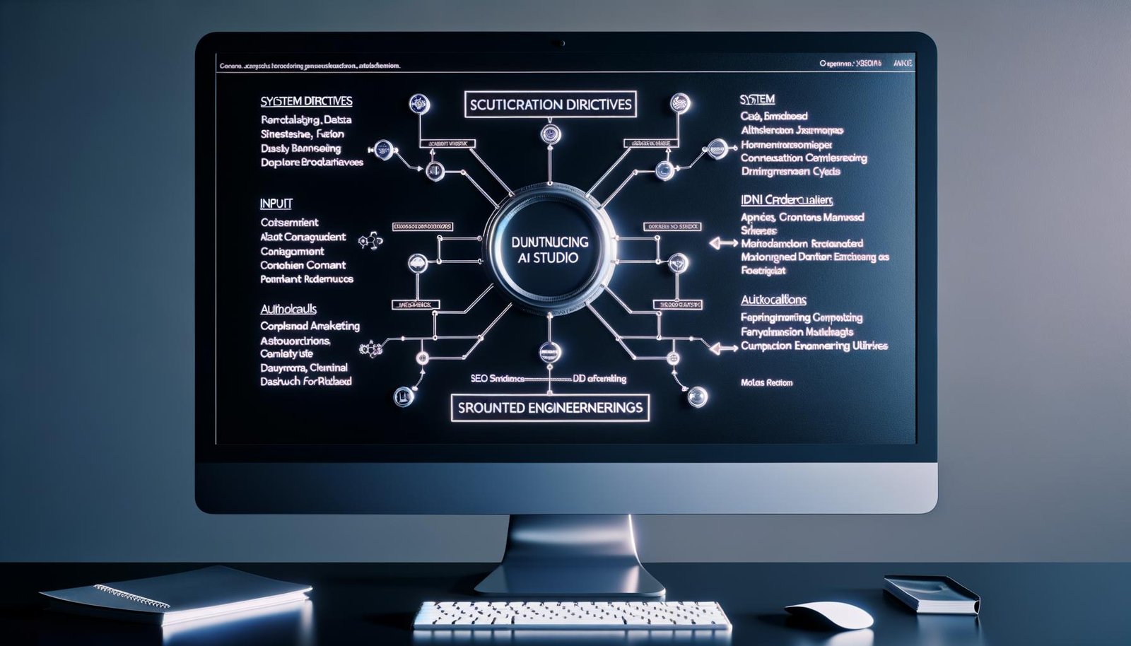 Großer Monitor mit Google AI Studio: Dashboard mit Systeminstruktionen, JSON-Schemata und Prompt-Tools; Flowchart verknüpft Datenquellen, Gemini 1.5 Pro/Flash und Marketing-Assets; sichere, automatisierte Workflows.