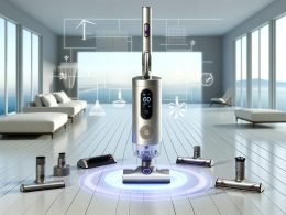 Samsung Bespoke Jet AI steht aufrecht in der Clean Station in einem hellen, minimalistischen Raum; digitale Anzeige aktiv; Softroller, Multi-Surface-Bürste und Tierhaaraufsatz liegen ordentlich daneben; grafische Hinweise zu BLDC-Motor, Luftstrom und Multi-Zyklon-Filtration; saubere Holz- und Textilflächen.