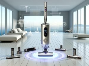 Samsung Bespoke Jet AI steht aufrecht in der Clean Station in einem hellen, minimalistischen Raum; digitale Anzeige aktiv; Softroller, Multi-Surface-Bürste und Tierhaaraufsatz liegen ordentlich daneben; grafische Hinweise zu BLDC-Motor, Luftstrom und Multi-Zyklon-Filtration; saubere Holz- und Textilflächen.