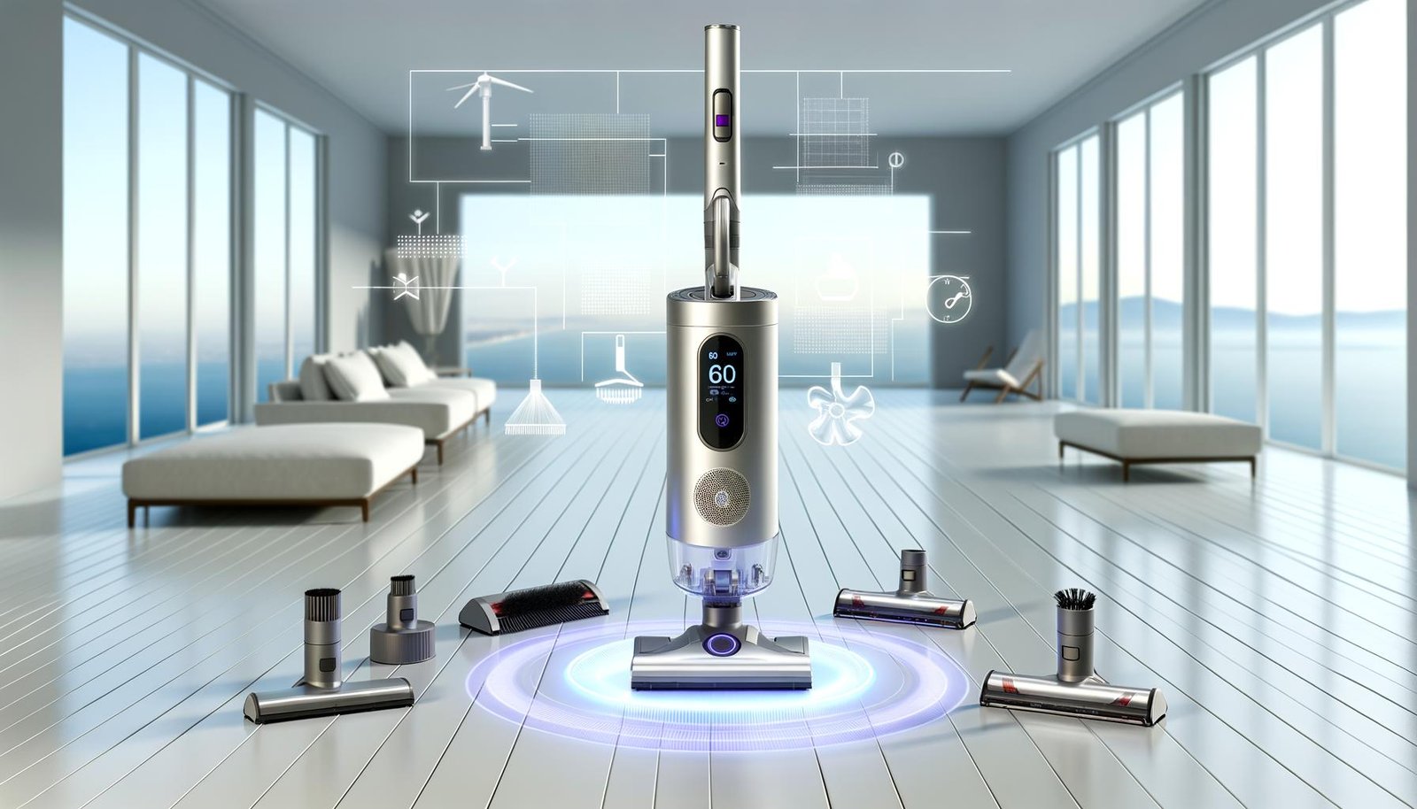 Samsung Bespoke Jet AI steht aufrecht in der Clean Station in einem hellen, minimalistischen Raum; digitale Anzeige aktiv; Softroller, Multi-Surface-Bürste und Tierhaaraufsatz liegen ordentlich daneben; grafische Hinweise zu BLDC-Motor, Luftstrom und Multi-Zyklon-Filtration; saubere Holz- und Textilflächen.