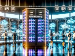 Futuristisches Rechenzentrum mit leuchtenden GPU-Serverracks: Marketing-, Technik- und Rechtsteams steuern per Touchscreen eine DSGVO-konforme KI-Marketing-Infrastruktur mit KPI-, Conversion- und Latenz-Insights.