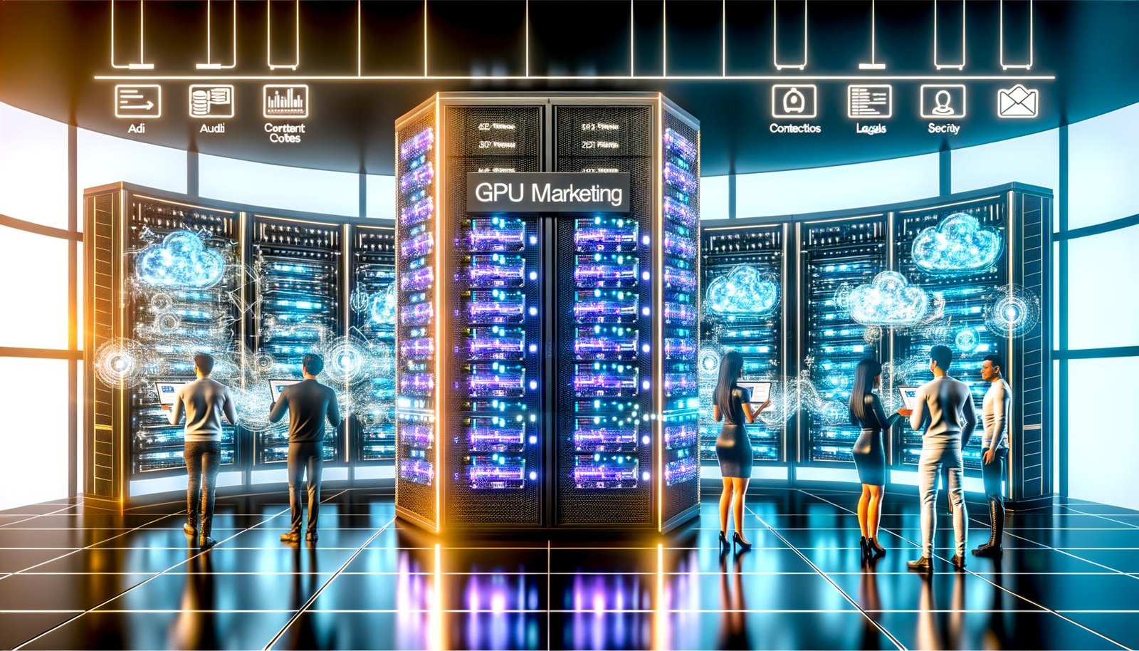 Futuristisches Rechenzentrum mit leuchtenden GPU-Serverracks: Marketing-, Technik- und Rechtsteams steuern per Touchscreen eine DSGVO-konforme KI-Marketing-Infrastruktur mit KPI-, Conversion- und Latenz-Insights.