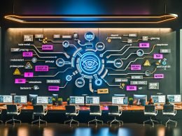Eleganter High-Tech-Arbeitsplatz mit großem Schreibtisch und mehreren Monitoren; die Bildschirme zeigen Content-Analytics-Dashboards, Code und eine KI-Content-Pipeline von Prompts und Brand-Guidelines zu JSON, SEO-Outline, Social-Snippets und E-Mail-Flows; Hinweise auf RAG-Pipeline, SERP-Abdeckung, Markenstimme, KPIs, Prompt Engineering und Tokenkosten; Qualitätssymbole für Datenschutz, Compliance und Freigaben; Marketer arbeiten an Tablets.