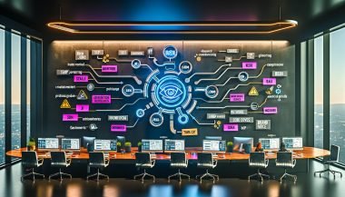 Eleganter High-Tech-Arbeitsplatz mit großem Schreibtisch und mehreren Monitoren; die Bildschirme zeigen Content-Analytics-Dashboards, Code und eine KI-Content-Pipeline von Prompts und Brand-Guidelines zu JSON, SEO-Outline, Social-Snippets und E-Mail-Flows; Hinweise auf RAG-Pipeline, SERP-Abdeckung, Markenstimme, KPIs, Prompt Engineering und Tokenkosten; Qualitätssymbole für Datenschutz, Compliance und Freigaben; Marketer arbeiten an Tablets.