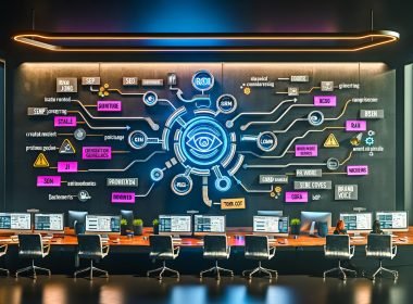 Eleganter High-Tech-Arbeitsplatz mit großem Schreibtisch und mehreren Monitoren; die Bildschirme zeigen Content-Analytics-Dashboards, Code und eine KI-Content-Pipeline von Prompts und Brand-Guidelines zu JSON, SEO-Outline, Social-Snippets und E-Mail-Flows; Hinweise auf RAG-Pipeline, SERP-Abdeckung, Markenstimme, KPIs, Prompt Engineering und Tokenkosten; Qualitätssymbole für Datenschutz, Compliance und Freigaben; Marketer arbeiten an Tablets.