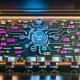 Eleganter High-Tech-Arbeitsplatz mit großem Schreibtisch und mehreren Monitoren; die Bildschirme zeigen Content-Analytics-Dashboards, Code und eine KI-Content-Pipeline von Prompts und Brand-Guidelines zu JSON, SEO-Outline, Social-Snippets und E-Mail-Flows; Hinweise auf RAG-Pipeline, SERP-Abdeckung, Markenstimme, KPIs, Prompt Engineering und Tokenkosten; Qualitätssymbole für Datenschutz, Compliance und Freigaben; Marketer arbeiten an Tablets.