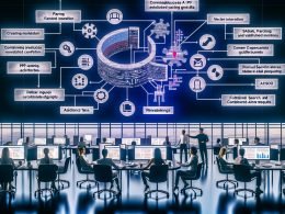 Diverse Marketing-Profis arbeiten vor Monitoren, während ein KI-Chatbot ein fragmentiertes PDF in Text-Chunks, Tabellen und Diagramme zerlegt; Flowcharts zeigen Parsing, Vektoreinbettung, Hybrid-Suche, Reranking und JSON-Ausgaben; im Hintergrund SEO/PPC-Dashboards, Compliance und Monitoring.