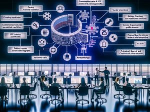 Diverse Marketing-Profis arbeiten vor Monitoren, während ein KI-Chatbot ein fragmentiertes PDF in Text-Chunks, Tabellen und Diagramme zerlegt; Flowcharts zeigen Parsing, Vektoreinbettung, Hybrid-Suche, Reranking und JSON-Ausgaben; im Hintergrund SEO/PPC-Dashboards, Compliance und Monitoring.