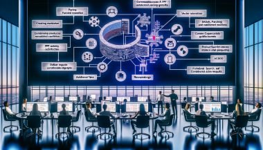 Diverse Marketing-Profis arbeiten vor Monitoren, während ein KI-Chatbot ein fragmentiertes PDF in Text-Chunks, Tabellen und Diagramme zerlegt; Flowcharts zeigen Parsing, Vektoreinbettung, Hybrid-Suche, Reranking und JSON-Ausgaben; im Hintergrund SEO/PPC-Dashboards, Compliance und Monitoring.