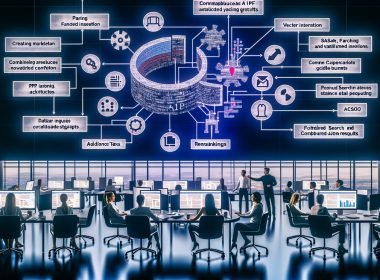 Diverse Marketing-Profis arbeiten vor Monitoren, während ein KI-Chatbot ein fragmentiertes PDF in Text-Chunks, Tabellen und Diagramme zerlegt; Flowcharts zeigen Parsing, Vektoreinbettung, Hybrid-Suche, Reranking und JSON-Ausgaben; im Hintergrund SEO/PPC-Dashboards, Compliance und Monitoring.