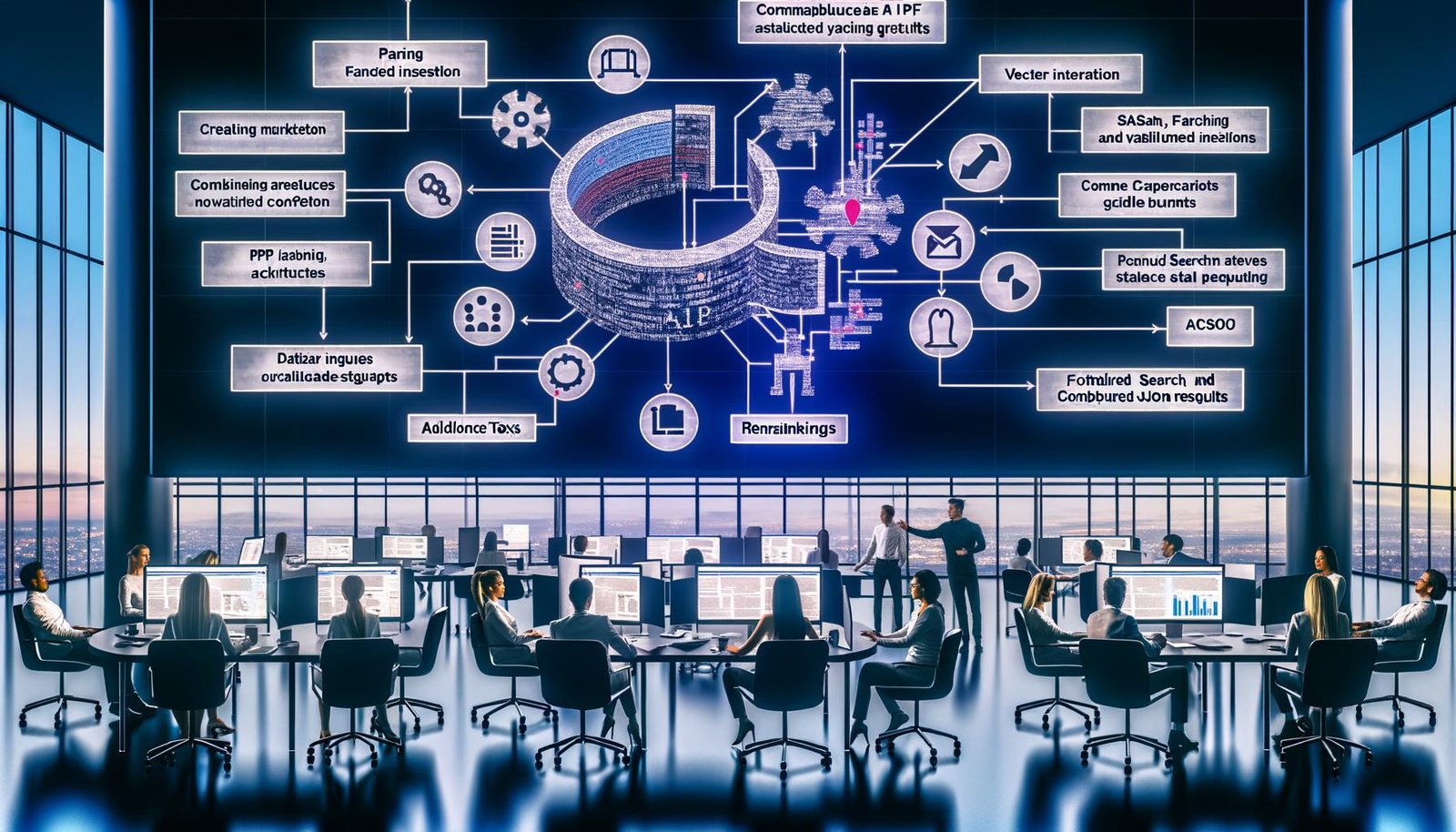 Diverse Marketing-Profis arbeiten vor Monitoren, während ein KI-Chatbot ein fragmentiertes PDF in Text-Chunks, Tabellen und Diagramme zerlegt; Flowcharts zeigen Parsing, Vektoreinbettung, Hybrid-Suche, Reranking und JSON-Ausgaben; im Hintergrund SEO/PPC-Dashboards, Compliance und Monitoring.