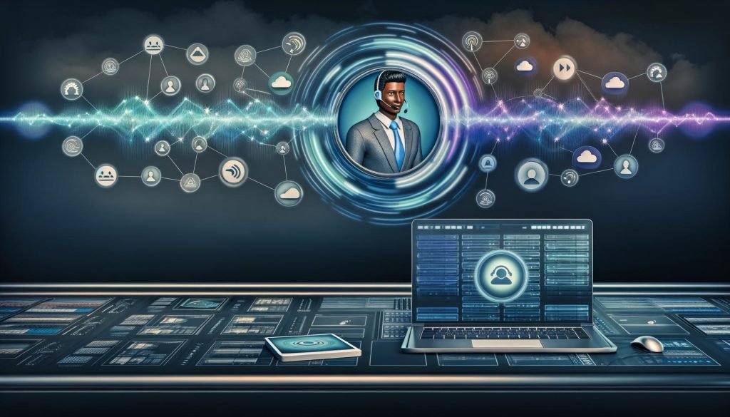 Modernes Control-Center mit virtueller Service‑Agentin im Echtzeitdialog; Wellenformen und Sprechblasen, vernetzte Laptops, Softphones und Tablets; Icons für Spracherkennung, TTS, KI‑Reasoning und Analytics; Cloud-Server, Datenbanken und Callflows im Hintergrund; keine IVR, natürlicher Dialog.