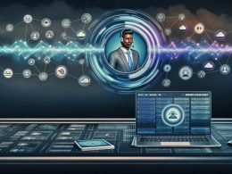 Modernes Control-Center mit virtueller Service‑Agentin im Echtzeitdialog; Wellenformen und Sprechblasen, vernetzte Laptops, Softphones und Tablets; Icons für Spracherkennung, TTS, KI‑Reasoning und Analytics; Cloud-Server, Datenbanken und Callflows im Hintergrund; keine IVR, natürlicher Dialog.