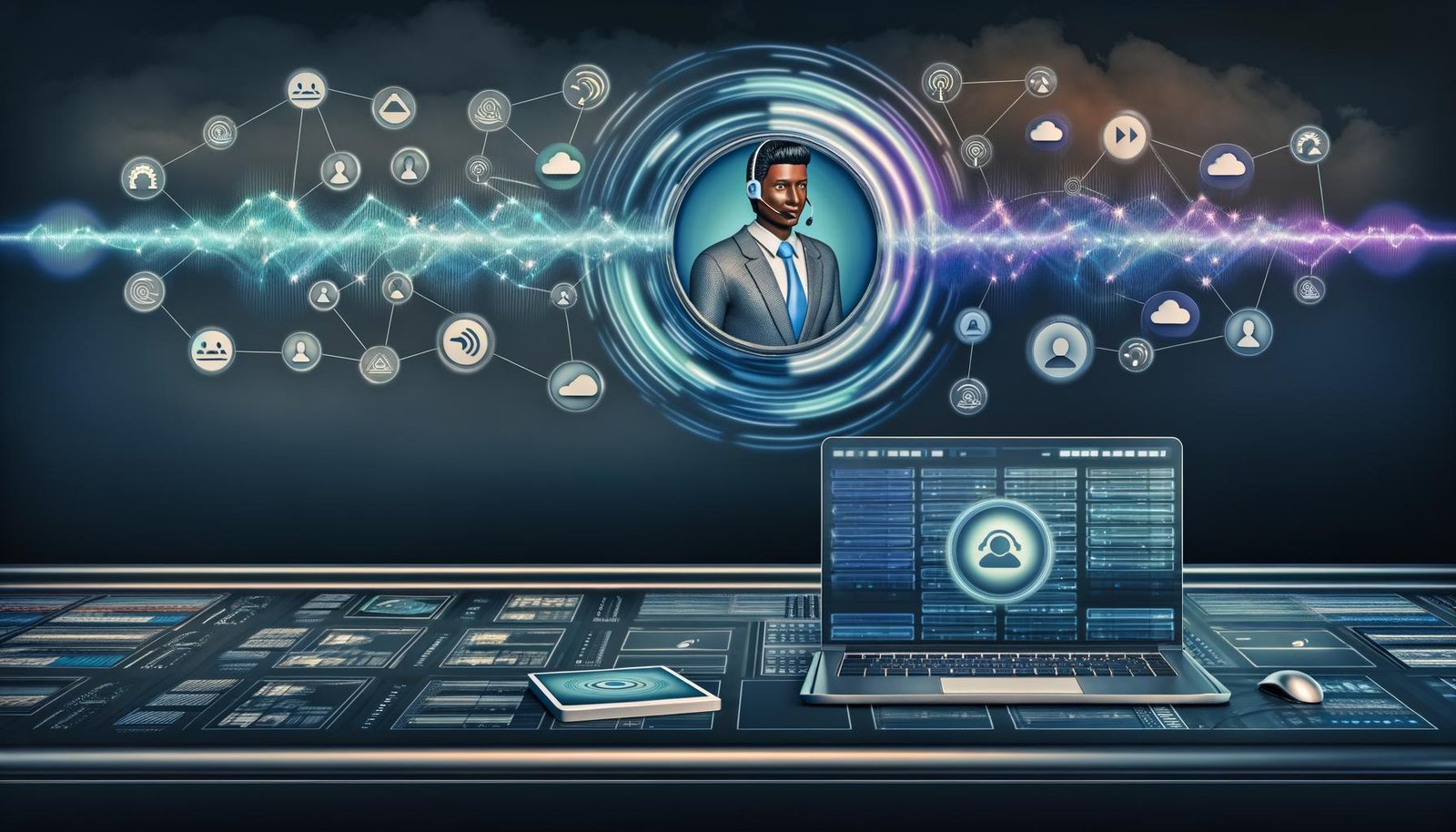 Modernes Control-Center mit virtueller Service‑Agentin im Echtzeitdialog; Wellenformen und Sprechblasen, vernetzte Laptops, Softphones und Tablets; Icons für Spracherkennung, TTS, KI‑Reasoning und Analytics; Cloud-Server, Datenbanken und Callflows im Hintergrund; keine IVR, natürlicher Dialog.