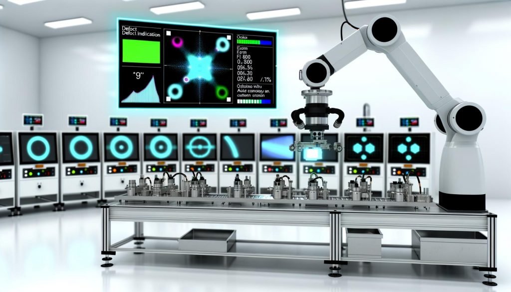 Moderne Produktionslinie mit robotergeführter Qualitätsprüfung: telezentrische Kamera beleuchtet ein Metallteil; Overlay markiert Mikroriss und Fehljustage, Monitore mit KI-Heatmaps, F1-Score und PPM.