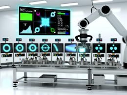 Moderne Produktionslinie mit robotergeführter Qualitätsprüfung: telezentrische Kamera beleuchtet ein Metallteil; Overlay markiert Mikroriss und Fehljustage, Monitore mit KI-Heatmaps, F1-Score und PPM.