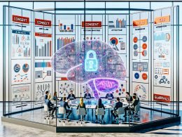 Futuristischer Workspace: diverses Team kollaboriert vor leuchtendem Dashboard mit Diagrammen, KPIs, KI-Modellen und Code; Notizen zu Consent, RAG, Server-Side, Attribution, MLOps Pipeline und Guardrails; KI-Gehirn vernetzt Datenbanken, Cloud, Marketingkanäle und Sicherheit.