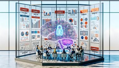 Futuristischer Workspace: diverses Team kollaboriert vor leuchtendem Dashboard mit Diagrammen, KPIs, KI-Modellen und Code; Notizen zu Consent, RAG, Server-Side, Attribution, MLOps Pipeline und Guardrails; KI-Gehirn vernetzt Datenbanken, Cloud, Marketingkanäle und Sicherheit.