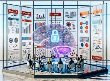 Futuristischer Workspace: diverses Team kollaboriert vor leuchtendem Dashboard mit Diagrammen, KPIs, KI-Modellen und Code; Notizen zu Consent, RAG, Server-Side, Attribution, MLOps Pipeline und Guardrails; KI-Gehirn vernetzt Datenbanken, Cloud, Marketingkanäle und Sicherheit.