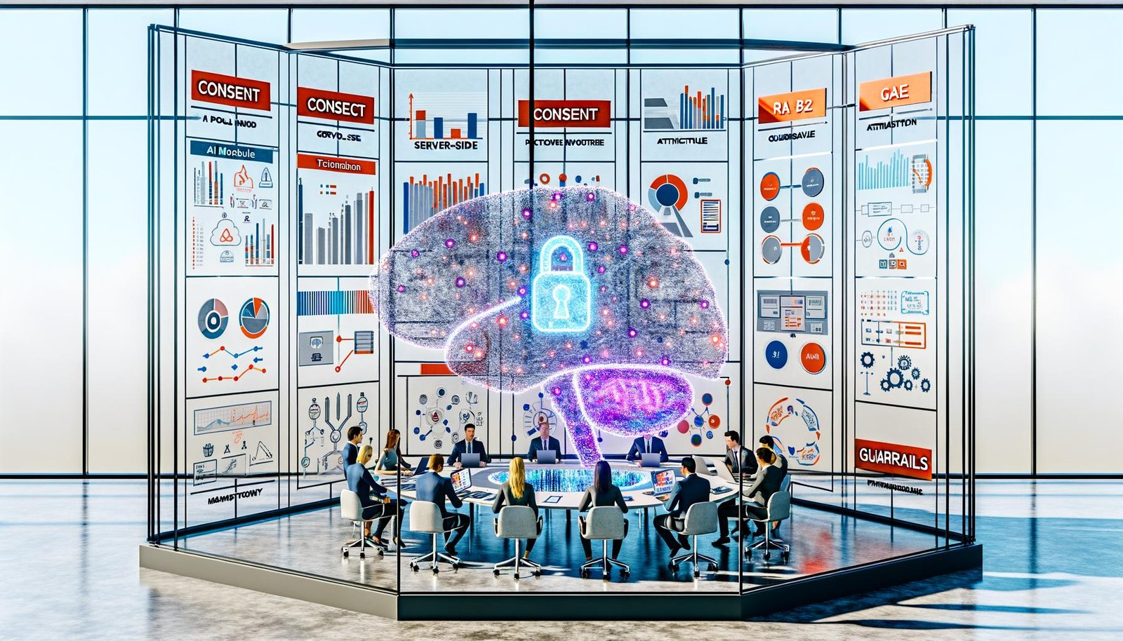 Futuristischer Workspace: diverses Team kollaboriert vor leuchtendem Dashboard mit Diagrammen, KPIs, KI-Modellen und Code; Notizen zu Consent, RAG, Server-Side, Attribution, MLOps Pipeline und Guardrails; KI-Gehirn vernetzt Datenbanken, Cloud, Marketingkanäle und Sicherheit.