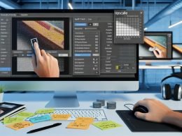 Moderner, heller Arbeitsplatz mit großem Monitor: unscharfes Bild neben hochskalierter, detailreicher Version; Open-Source-App (Upscayl/Cupscale), Notizen zu SSIM, PSNR, LPIPS, Maus klickt „Upscaling“-Button.